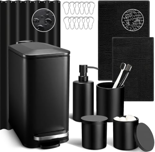 Bathroom Sets with Shower Curtain and Rugs, 8 Pcs Black Bathroom Accessories with Trash Can, Waterproof Shower Curtain, Bathroom Rugs Super Absorbent, Modern Bathroom Sets Complete Decor - size: 5Pcs Bathroom Set + Shower Curtain + Rugs
