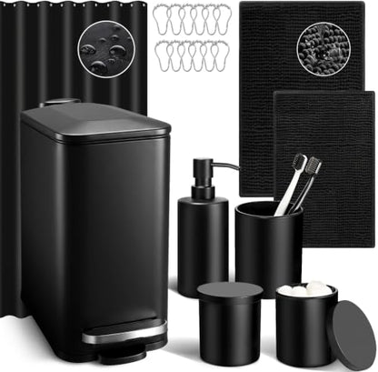 Bathroom Sets with Shower Curtain and Rugs, 8 Pcs Black Bathroom Accessories with Trash Can, Waterproof Shower Curtain, Bathroom Rugs Super Absorbent, Modern Bathroom Sets Complete Decor - size: 5Pcs Bathroom Set + Shower Curtain + Rugs