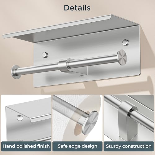 FORIOUS Toilet Paper Holder with Shelf, Commercial Toilet Paper Dispensers | Brushed Nickel | Wall Mount Bathroom Tissue Holder | SUS304 Stainless Steel Rustproof | Double Tissue Roll Holder - color: Stainless Steel