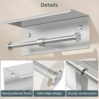 FORIOUS Toilet Paper Holder with Shelf, Commercial Toilet Paper Dispensers | Brushed Nickel | Wall Mount Bathroom Tissue Holder | SUS304 Stainless Steel Rustproof | Double Tissue Roll Holder - color: Stainless Steel