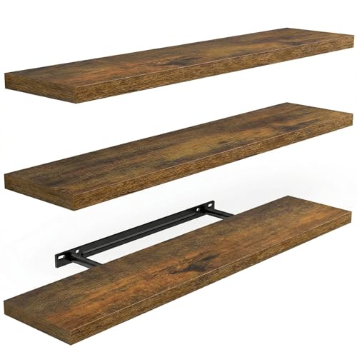 AMADA HOMEFURNISHING 23.6" L Floating Shelves, Wall Shelves Set of 3 for Bathroom/Living Room/Bedroom/Kitchen, Floating Shelves for Wall Decor with Invisible Brackets - AMFS44V, Rustic Brown - color: Rustic Brown, size: 23.6 Inches