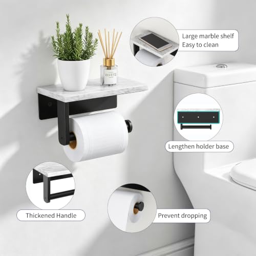 Gypie Marble Toilet Paper Holder with Shelf, Wall Mounted Matte Black | Stainless Steel Tissue Roll Paper Holder Dispenser for Bathroom Washroom - color: Black