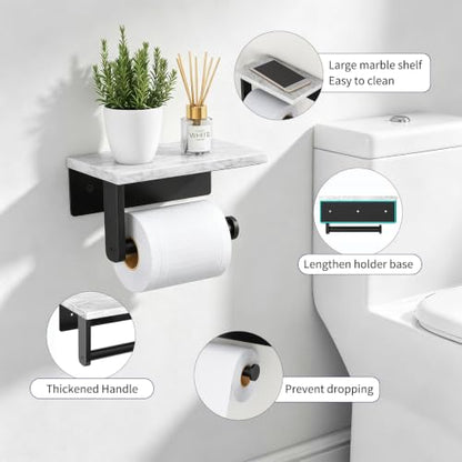 Gypie Marble Toilet Paper Holder with Shelf, Wall Mounted Matte Black | Stainless Steel Tissue Roll Paper Holder Dispenser for Bathroom Washroom - color: Black