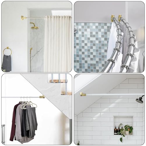KoKone Shower Curtain Rod Bracket Set of 2 Adjustable 180° Rotation Bracket | for Curved Shower Curtain Rod Sturdy Zinc Alloy Wall Mounted Curtain Rod Holder for Bathroom, Wardrobe, Kitchen, Gold