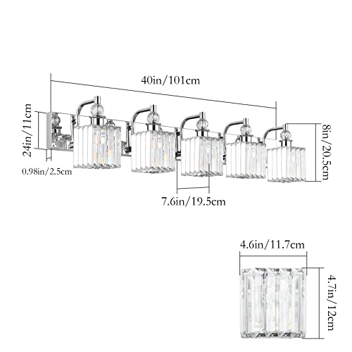 Ralbay Modern Crystal Bathroom Vanity Light 5 Light 40''Chrome Vanity Lighting Over Mirror Bathroom Wall Lighting Fixtures - color: Square-Chrome, size: 40 inch