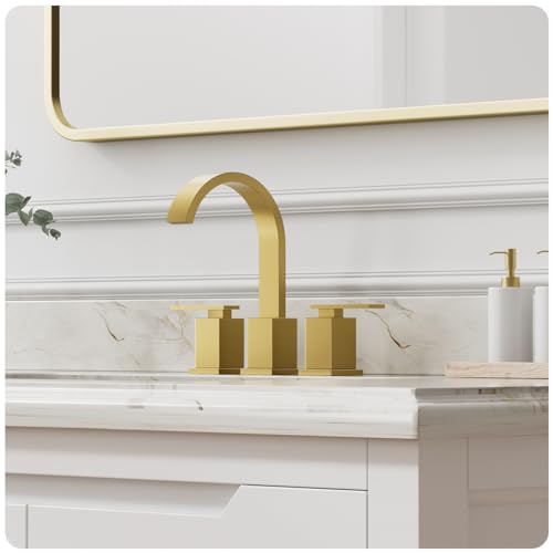 Brushed Gold Bathroom Faucet 8 Inch Widespread 3 Hole 2 Handle,Waterfall Swivel Spout Bathroom Sink Faucet with Pop Up Drain and Water Supply Line,WF011-BG - color: Brushed Gold-8 IN