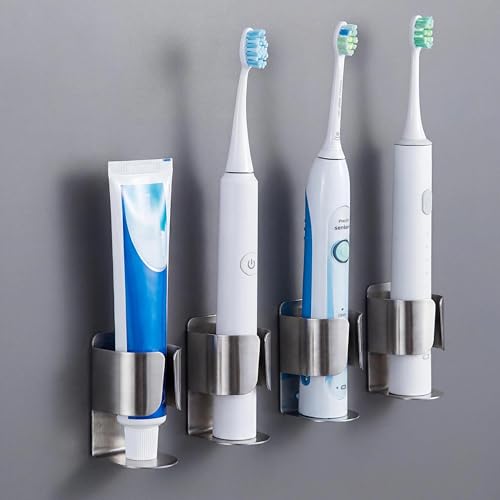 Electric Toothbrush Holder Wall Mount – No Drill 304 Stainless Steel Self Adhesive Bathroom Organizer for Toothbrush/Toothpaste/Facial/Razor – Space Saving Waterproof Rustproof – Silver 2-Pack - color: Silver 2 Pack