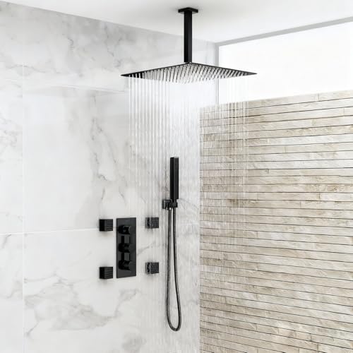 Ceiling Mounted Shower Arm with Flange, Universal Connection 1/2 NPT Straight, Made of Thicken Stainless Steel, Square Extension Arm for Fixed Rain Shower Head(8 Inch,Matte Black) - color: Matte Black, style: 8 Inch