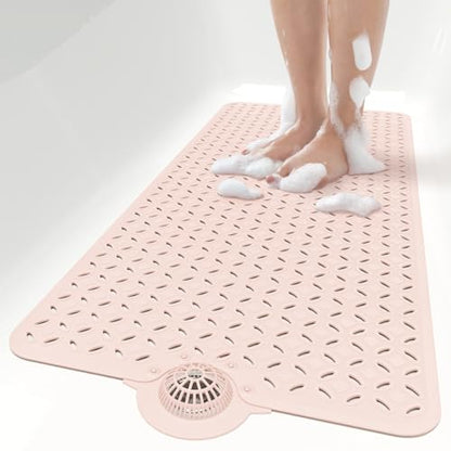 OTHWAY Bath Mat for Tub Non Slip: 39" X 17" Long Bathtub Mat with Hair Catcher│Big Drain Holes Shower Mats for Inside Shower│Machine Washable (Pink) - color: Pink