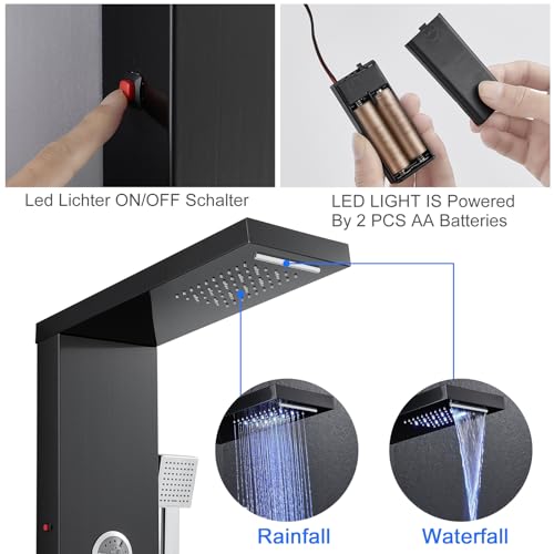 Multi-Function LED Lights Shower Panel System Black, 5 in 1 Shower Panel Include Rainfall & Waterfall Shower Head, 3 Pcs Adjustable Massage Jets, Handheld Shower, Tub Spout - color: Black - 2-in-1 Body Jets