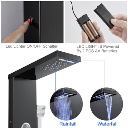 Multi-Function LED Lights Shower Panel System Black, 5 in 1 Shower Panel Include Rainfall & Waterfall Shower Head, 3 Pcs Adjustable Massage Jets, Handheld Shower, Tub Spout - color: Black - 2-in-1 Body Jets