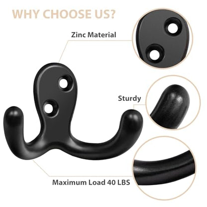 Homanu 180 Pack Coat Hooks, Heavy Duty Double Prong Coat Hooks Wall Mounted with 360 Screws, No Rust Black Metal Wall Hooks for Hanging Towel, Coat, Bag, Hat, Cup, Key - color: 180 Pcs Black