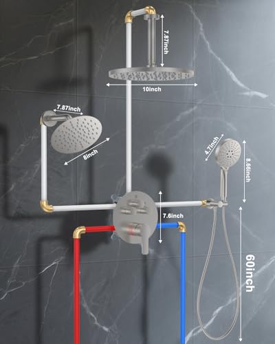 Shower System with Pressure Balance Valve, 10" Ceiling Mount Shower Faucet Set with 2 Rain Head and Multi-function Handheld Push Button Diverter Valve Kit,Brushed Nickel - color: Brushed Nickel, style: 10"-Round