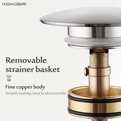 KOKOSIRI Pop Up Sink Drain with Strainer Basket, Brushed Nickel Bathroom Sink Drain with Detachable Hair Catcher Anti Clogging for Vanity Vessel Sink Without Overflow, C1002BR - color: Brushed Nickel