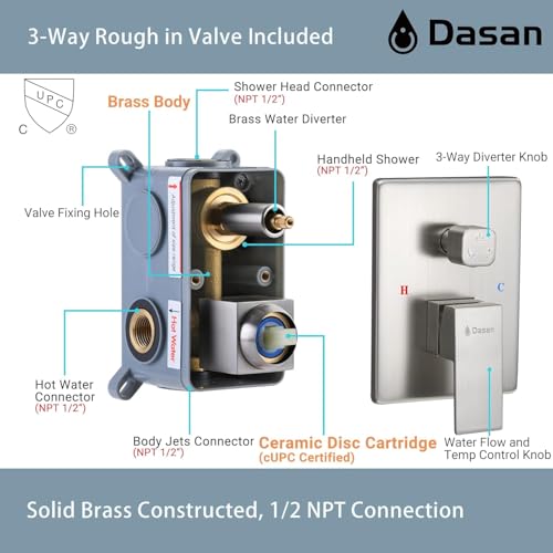 DASAN Full Body Shower System with 6 PCS Body Spray Jets & 12'' Rain Shower Head & Handheld, Ceiling Mount Rain Shower System Brushed Nickel Shower Faucets Sets Complete with Valve, SA-SS03ABN-S12C - color: Brushed Nickel