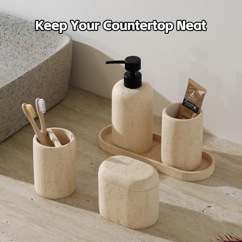 Bathroom Accessories Set, Travertine Stone Look, 5 PCS, Yellow | Modern, Bathroom Set with 13.53 OZ Soap Dispenser, Toothbrush Holder, Tumbler, Vanity Tray, Cotton Swab Jar for Countertop - color: Yellow 5 Pcs