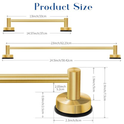 Adjustable Suction Cup Towel Bar for Bathroom Wall, 14.6–24 Inches Brushed Gold Towel Bar, Stainless Steel Towel Racks for Bathroom, Bath Towel Holder for Shower (Brushed Gold) - color: Brushed Gold, 1-pack