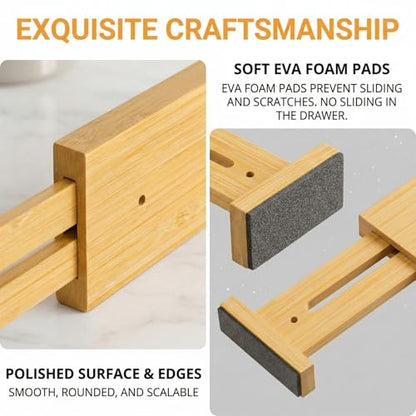 FUSHITON Bamboo Drawer Dividers 17"-22" Adjustable Expandable Drawer Organizers Spring Loaded Drawer Separators for Kitchen Dresser Bathroom Bedroom Office Storage, 4 Pack