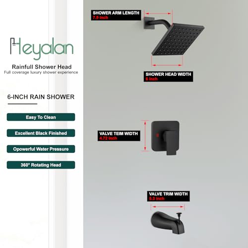 Heyalan 6 Inch Shower Set with Tub Spout and Valve,Matte Black | 6-inch square rainfall head, tub spout with diverter, male-thread rough-in valve, single-handle control and wall-mount design - color: Matte Black, size: 6 Inch Square Shower Head