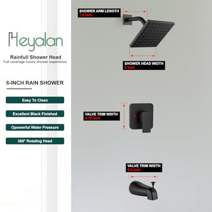 Heyalan 6 Inch Shower Set with Tub Spout and Valve,Matte Black | 6-inch square rainfall head, tub spout with diverter, male-thread rough-in valve, single-handle control and wall-mount design - color: Matte Black, size: 6 Inch Square Shower Head
