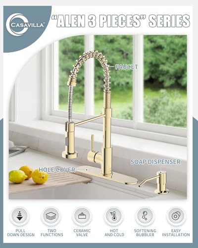 Gold Kitchen Faucet with Soap Dispenser, Pull Down Kitchen Faucet with Sprayer, Single Handle Kitchen Sink Faucet with Dual Function Spray Head, Camper Laundry RV Faucet,PVD - color: D-PVD Gold, style: Contemporary
