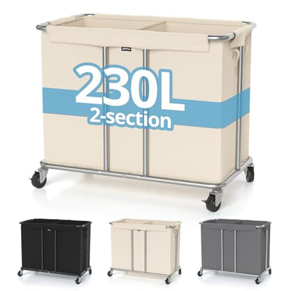 Hodonas Rolling Laundry Hamper 2-Section, Beige, 31.5"Lx15.75W"x30.7"H | 230L(61Gal) Storage Capacity, with Metal Structure, Removable Liner, and Silent Casters, Sturdy Clothes Hamper for Home