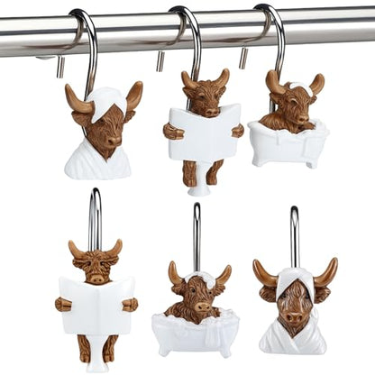 Roowest 12 Pcs Adult Highland Cow Shower Curtain Hooks Western Shower Curtain Hooks Stainless Steel Rust Resistant Rings Hangers for Winter Farmhouse Rustic Bathroom Decor - style: Adult Highland Cow