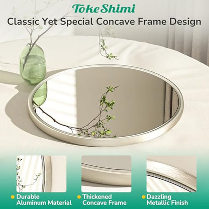 24 Inch Circle Bathroom Mirror Brushed Nickel, Tempered Round Wall Mirror, Shatterproof 24x24 Hanging Wall Mirrored Farmhouse for Bedroom, Entryway, Restroom, Vanity, Living Room - size: 24"L x 24"W
