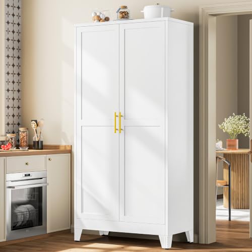PAOFIN Metal 79“ Kitchen Pantry Cabinet, Pantry Storage Cabinet with Doors and 5 Adjustable Shelves, Freestanding Cupboard Kitchen Cabinet,Tall Cabinet for Living Room,Pantry, Bathroom,Kitchen - color: White, size: 79"-5 Adjustable shelves