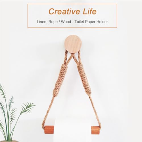 Wood & Rope Wall Toilet Paper Holder, Rustic Tissue Rolls Paper Holder Wall Mounted, Nautical Rattan Bathroom Accessories with Self-Adhesive Seamless Screw (with Bead) - color: Beaded