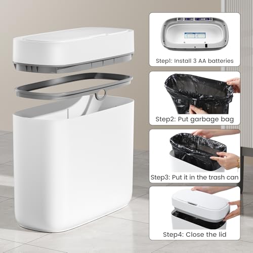 JUDRDO 3.5 Gal Slim Touchless Bathroom Trash Can, Automatic Diaper Pail | Motion sensor opening, automatic liner suction, slim profile for bathrooms, bedrooms, offices, kitchens and nurseries - color: White