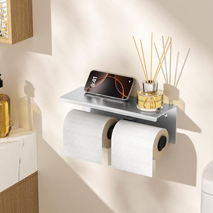 FORIOUS Toilet Paper Holder with Shelf, Commercial Toilet Paper Dispensers | Stainless Steel & Black | Wall Mount Bathroom Tissue Holder | SUS304 Stainless Steel Rustproof | Double Tissue Roll Holder - color: Stainless Steel & Matte Black