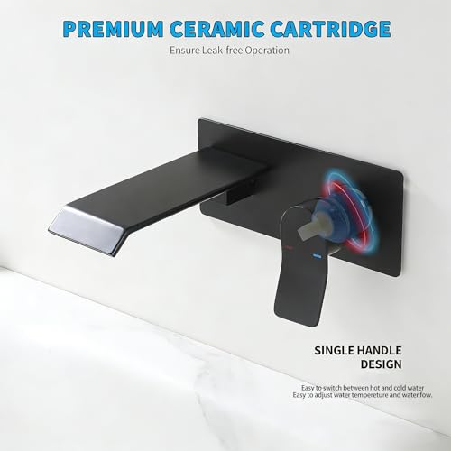 Bathroom Faucets Wall Mount Waterfall Faucet Single Handle Vessel Sink Faucet with Brass Rough-in Valve Storage Countertop Holder for Lavatory Vanity Washroom Basin Wall Tap Matte Black