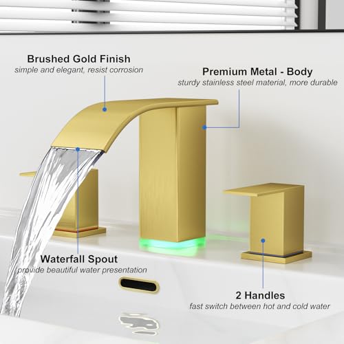 RUMOSE LED Bathroom Faucets Set 3 Hole Vanity Faucet with Pop Up Drain | Brushed Gold Bathroom Sink Faucet, Widespread Waterfall, 3 Colors Light Changing, Stainless Steel, Deck Mounted - color: Brushed Gold