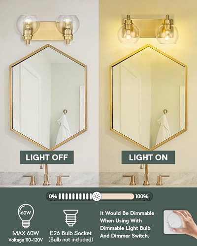 Bathroom Light Fixtures, 2 Light Brushed Gold Vanity Light, Modern Wall Sconces with Clear Glass Globe Shade, Bathroom Wall Lights Over Mirror Kitchen Bedroom Hallway, VL195-GD-2 | 15" modern bathroom light fixtures over mirror, E26 base, bulbs not includ