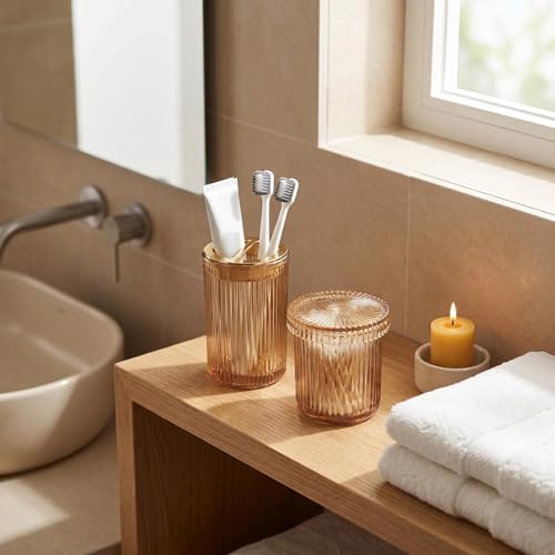 4 Pcs Brown Bathroom Accessories Set, Glass Bathroom Set, Soap Dispenser, Toothbrush Holder, Qtip Holders, Modern Bathroom Decor, Housewarming Gift Set （Amber Brown） - style: 4 pcs Brown