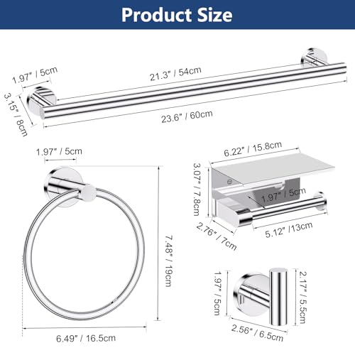 TQKAG 5 Piece Bathroom Towel Holder, Polished Chrome Bathroom Hardware Set | SUS304 Stainless Steel, 23.6" Toilet Paper Holder with Shelf, Towel Racks for Bathroom Wall Mounted, Towel Bars - color: Polished Chrome, size: 5-Pieces Set-A
