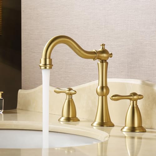 Antique Brushed Gold Bathroom Faucet 3 Hole, Widespread Bathroom Sink Faucet with Pop Up Drain and cUPC Supply Hose, Modern 2 Handle Vanity Faucet Gold JXM3073BG - color: Brushed Gold