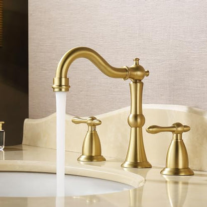 Antique Brushed Gold Bathroom Faucet 3 Hole, Widespread Bathroom Sink Faucet with Pop Up Drain and cUPC Supply Hose, Modern 2 Handle Vanity Faucet Gold JXM3073BG - color: Brushed Gold