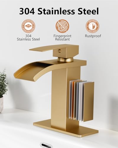 Gold Waterfall Bathroom Faucet 1-Handle Vanity Faucet | Stainless Steel Modern Bathroom Sink Faucet,Pop-Up Drain, Supply Lines 6-in Deck Plate, 1- or 3-Hole, NSF Certified - color: Gold