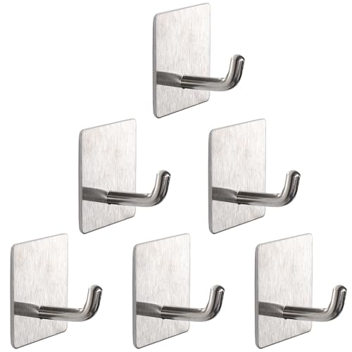 Bath Towel Hooks - 6 Pack Strong Self Adhesive Coat/Clothes Hooks, No Drilling Sticky Hooks, Heavy Duty 304 Stainless Steel Shower Wall Hook for Bathroom Kitchen Bedroom(Brushed Nickel) - color: Brushed Nickel-6