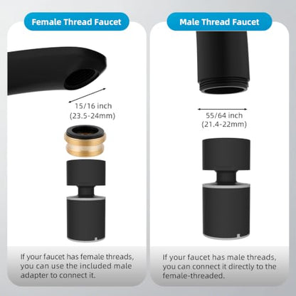 Hibbent cUPC Certified 2-function 360° Swivel Sink Aerator, Matte Black | NSF/ANSI/CAN 61 Certified High Flow Faucet Extender with Metal Adapter for Kitchen & Bathroom, 55/64” Female Thread - color: Matte Black