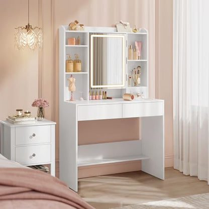VASAGLE KAILYN Collection - Vanity Desk with Power Outlets, Makeup Vanity with Mirror and Lights, Upholstered Vanity Stool, 6 Compartments, 2 Drawers, for Bedroom, Cloud White URDT031WB02S - style: 35.4"W 2 Drawers Vanity Desk - Cloud White