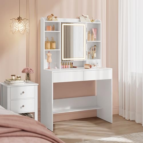 VASAGLE KAILYN Collection - Vanity Desk with Power Outlets, Makeup Vanity with Mirror and Lights, Upholstered Vanity Stool, 6 Compartments, 2 Drawers, for Bedroom, Cloud White URDT031WB02S - style: 35.4"W 2 Drawers Vanity Desk - Cloud White