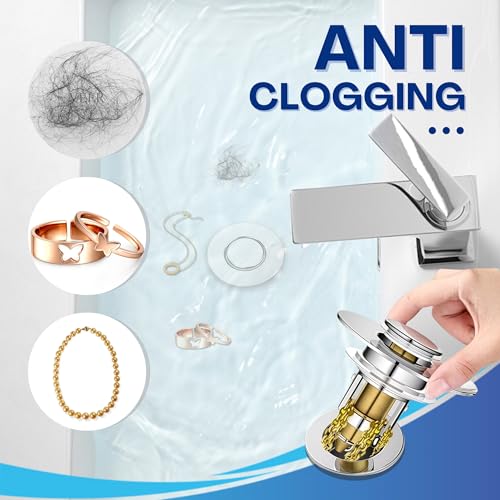 Universal Bathroom Sink Drain Strainer, Pop Up Sink Stopper Replacement, Stainless Steel Hair Catcher Drain Plug for Bathroom Sink,1 Pcs (Silver, Round Hole)