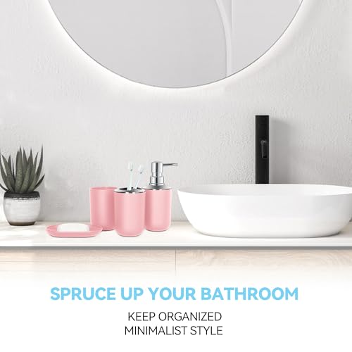 Pink Bathroom Accessories Set 4 PCS, Pink Bathroom Accessories | Plastic Soap Dispenser and Toothbrush Holder Set, Soap Dish and Mouthwash Cup, Boho Bathroom Decor, Bathroom Set - size: 4Pcs Pink