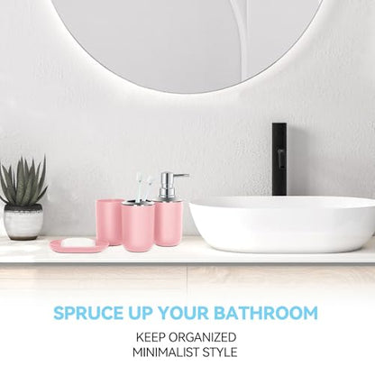 Pink Bathroom Accessories Set 4 PCS, Pink Bathroom Accessories | Plastic Soap Dispenser and Toothbrush Holder Set, Soap Dish and Mouthwash Cup, Boho Bathroom Decor, Bathroom Set - size: 4Pcs Pink