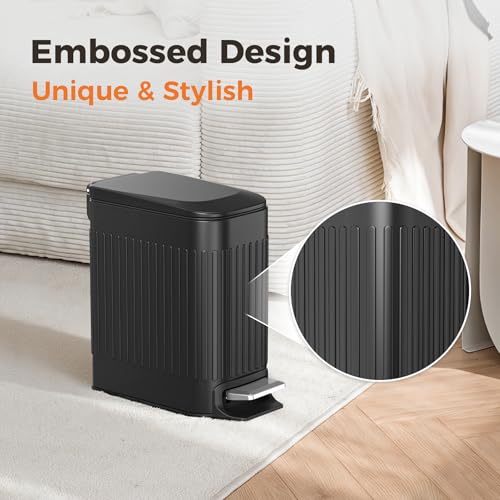 TrashAid Small Black Bathroom Trash Can with Lid Soft Close & Pedal, 1.6Gal | Removable Inner Bucket, Stainless Steel Garbage Can, Slim Wastebasket for Toilet/Office/Bedroom, Retro Design, Odor Control - color: Black