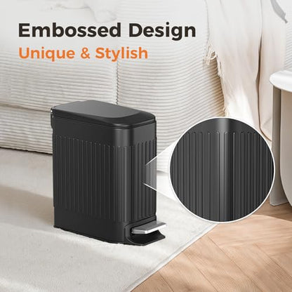 TrashAid Small Black Bathroom Trash Can with Lid Soft Close & Pedal, 1.6Gal | Removable Inner Bucket, Stainless Steel Garbage Can, Slim Wastebasket for Toilet/Office/Bedroom, Retro Design, Odor Control - color: Black