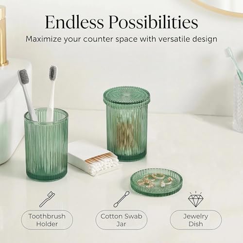 New Hensoar 3 Pcs Green Bathroom Accessories Set, Glass Bathroom Set | Bathroom Soap Dispenser, Toothbrush Holder Set, Jewelry Tray, Crystal Modern Bathroom Decor, Housewarming Gift Set - style: 3 pcsGreen